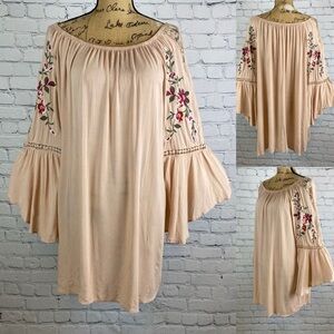 Indigo Soul Peach Embroidered Off-Shoulder Bell Sleeve Tunic